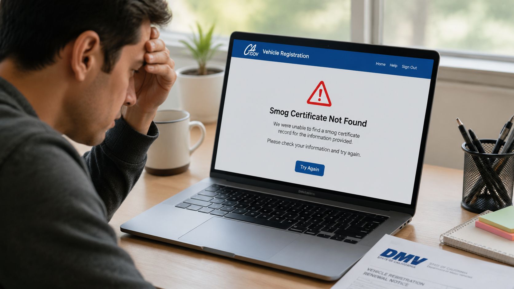 A frustrated man sits at a desk looking at a laptop showing a smog certificate error message.