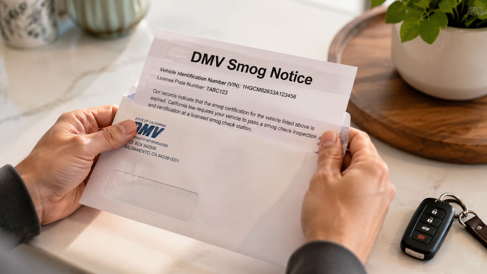 A person holding a California DMV Smog Notice envelope and letter at a desk with a car key.