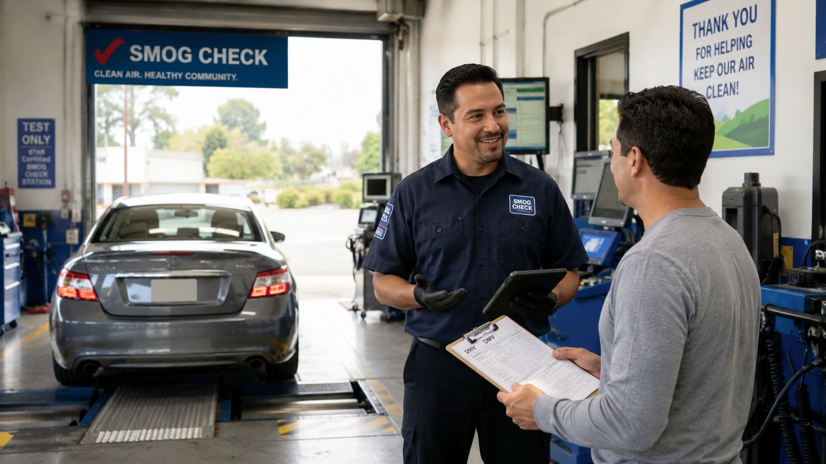 A friendly auto technician speaking with a customer in an auto repair shop during a smog check.