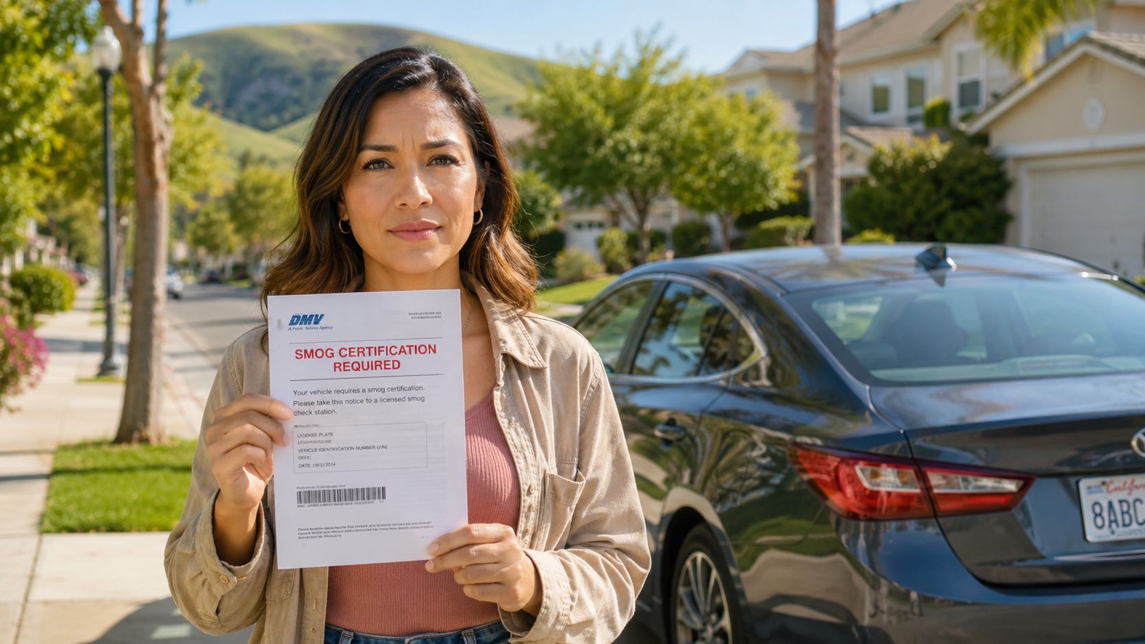A woman holding a smog certification notice from the DMV in front of her car in a neighborhood.