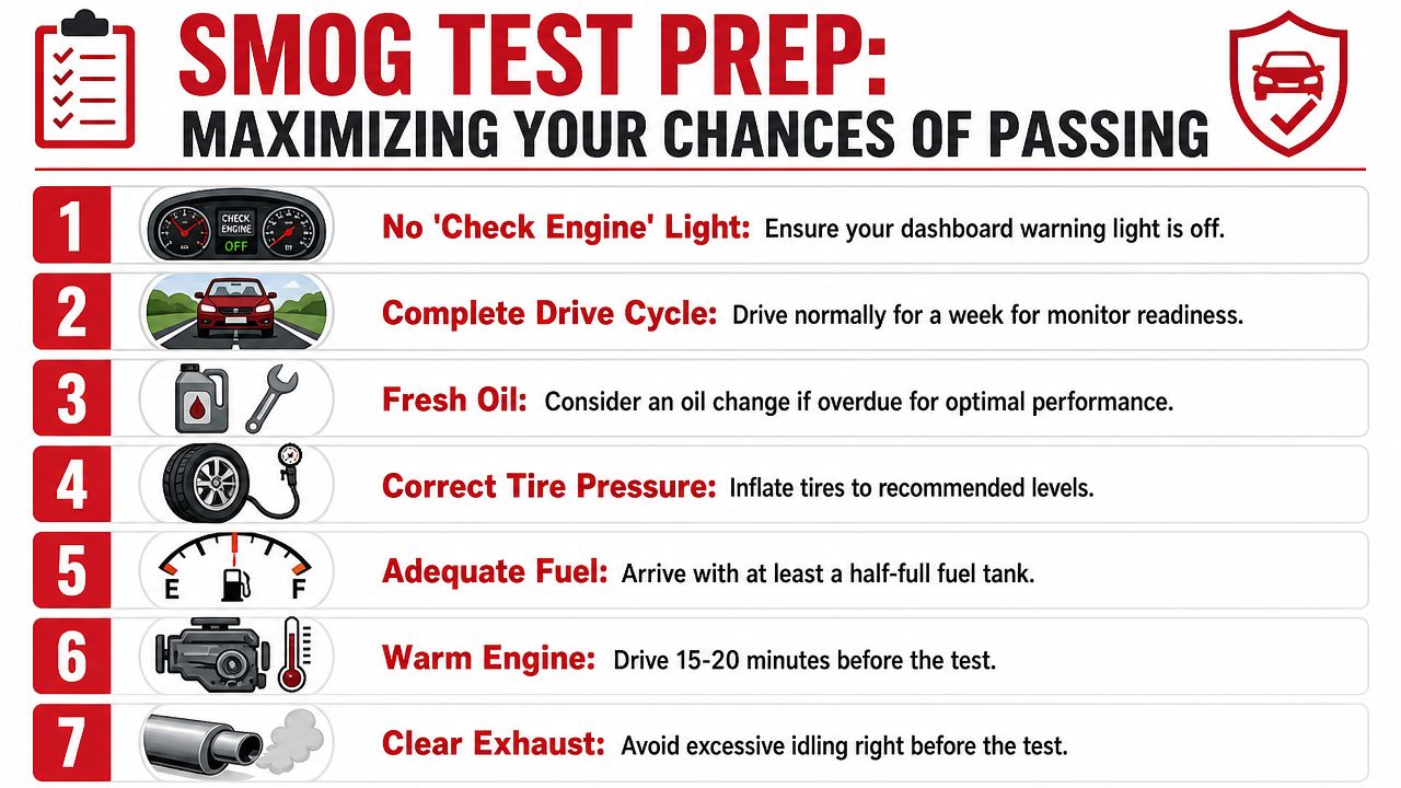 An infographic detailing seven essential tips to maximize the chances of passing a vehicle smog test.
