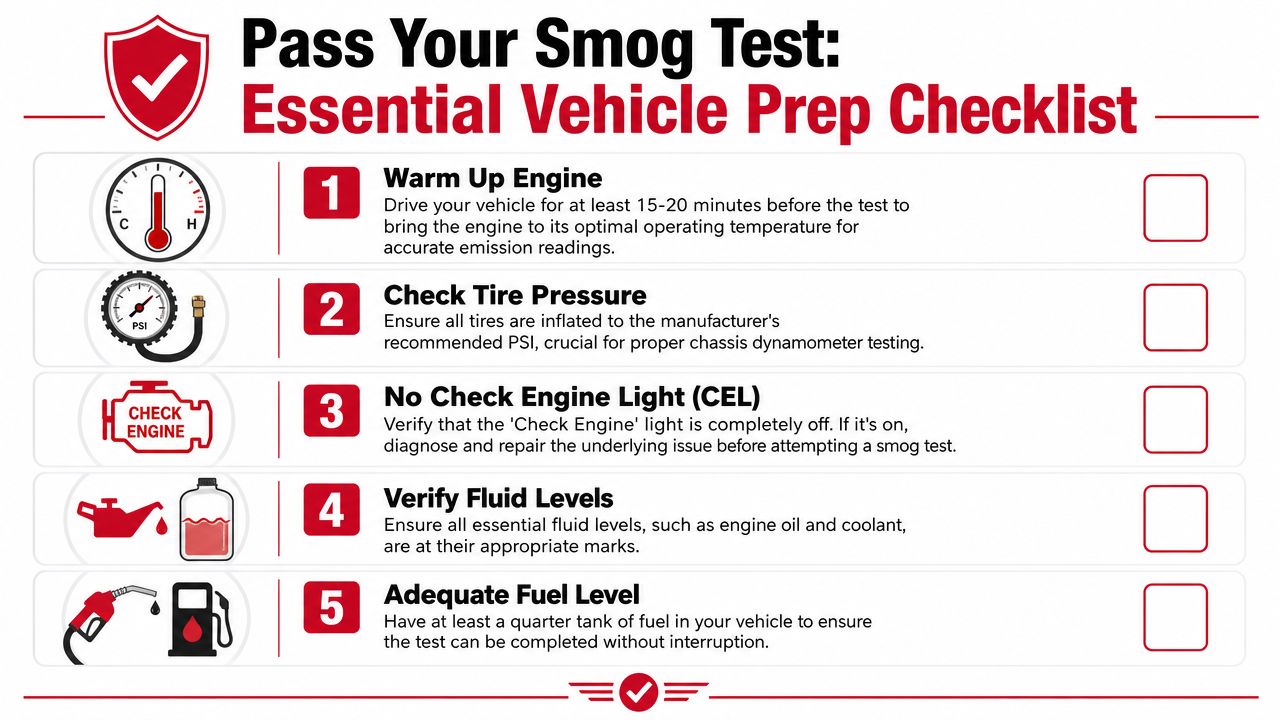 A checklist for preparing your vehicle for a smog test, including warming the engine and checking fluids.