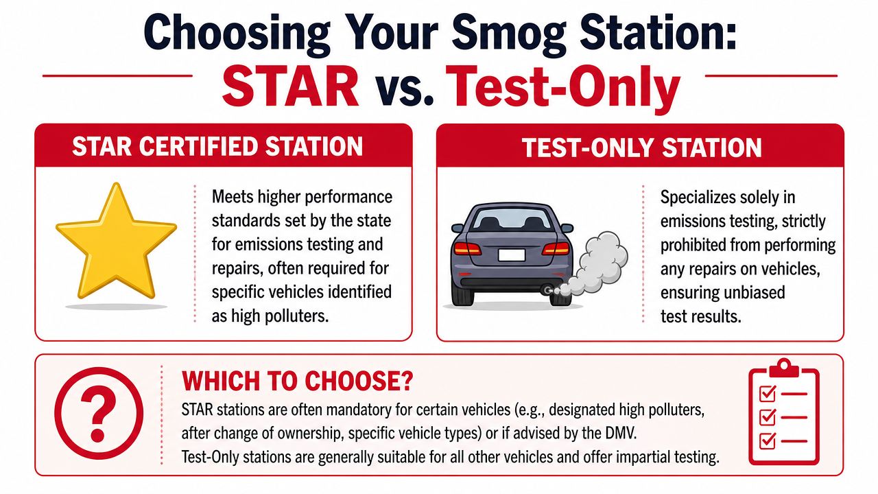 A guide illustrating the difference between STAR certified and test-only smog check stations for vehicle owners.