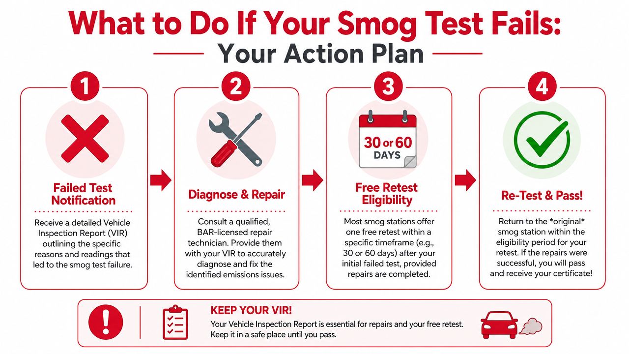 A four-step guide on what to do if your vehicle fails a mandatory smog check inspection.
