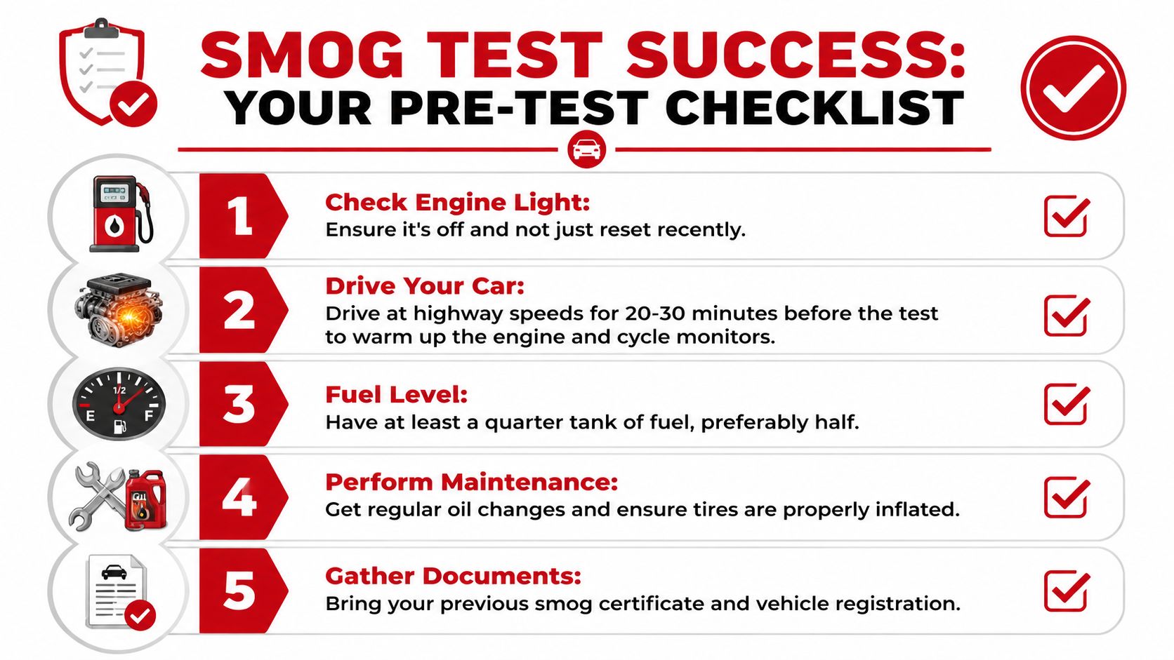 A checklist infographic outlining steps to prepare a vehicle for a successful smog emissions test.
