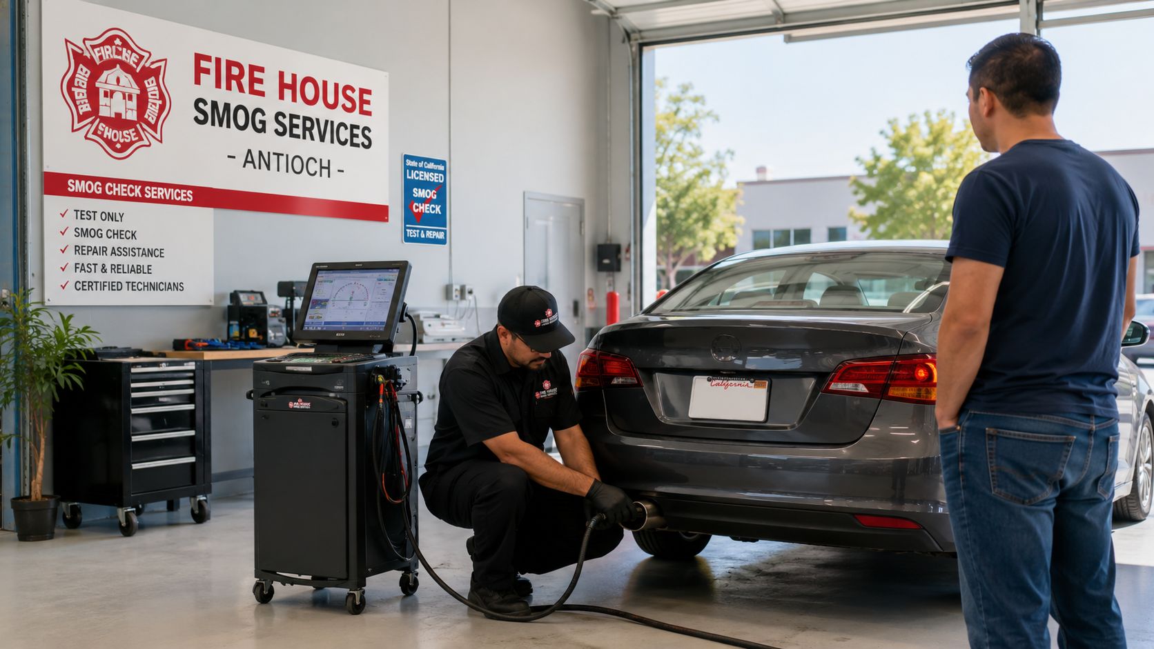 A technician performing a smog test on a dark grey sedan at an auto repair shop.