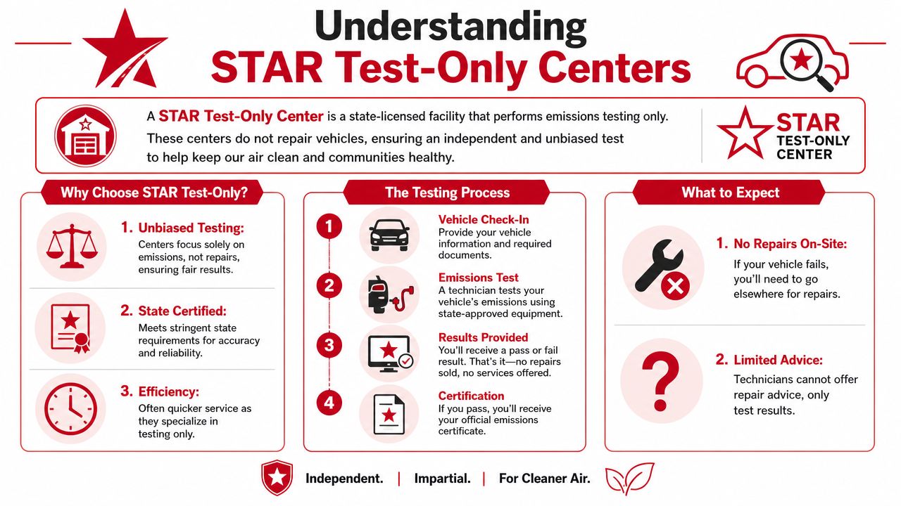An infographic detailing the services and benefits of state-licensed STAR Test-Only emissions testing centers.