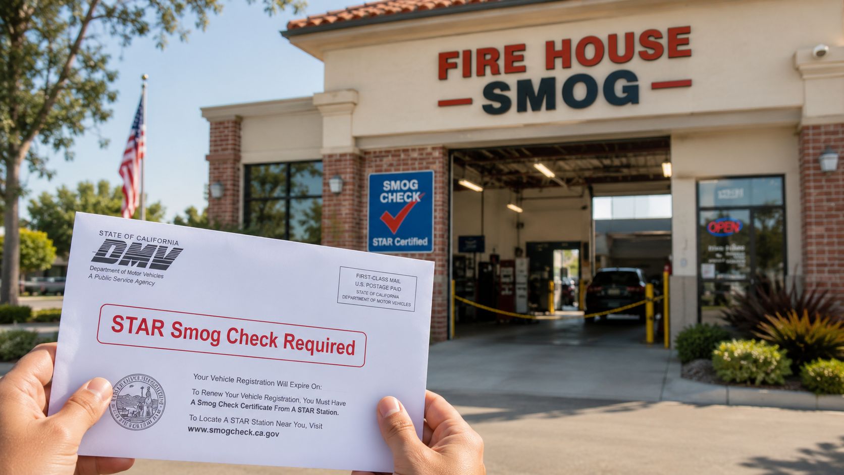A person holding a California DMV STAR Smog Check notice in front of a certified testing station.