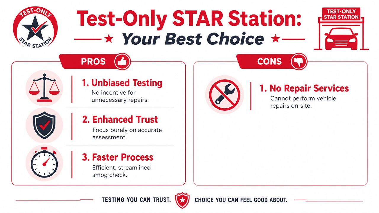 An infographic highlighting the pros and cons of using a Test-Only STAR station for smog inspections.