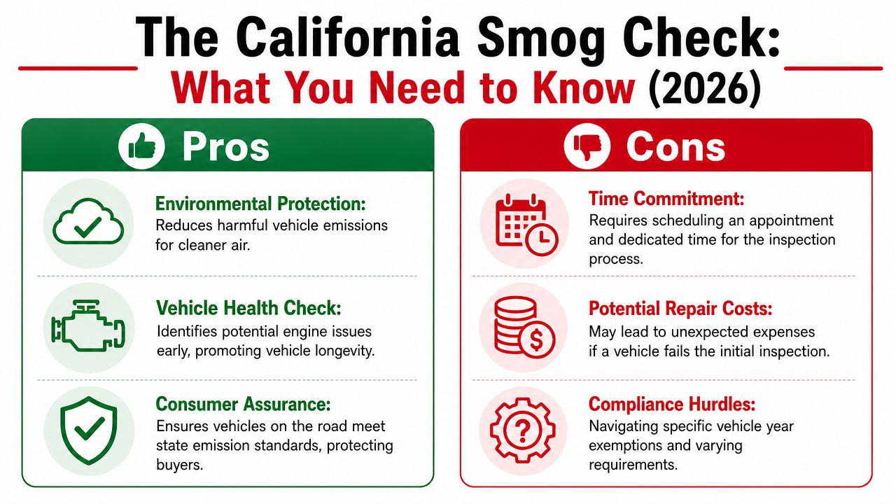 A graphic highlighting the pros and cons of the 2026 California Smog Check inspection requirements.