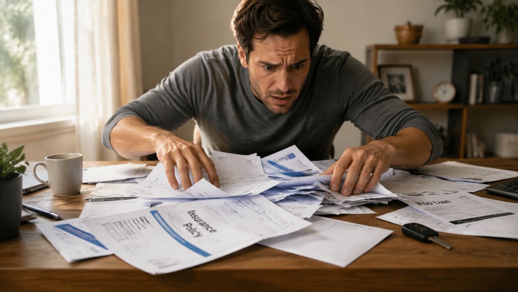 A stressed man looking overwhelmed while sorting through a large pile of vehicle registration documents at home.