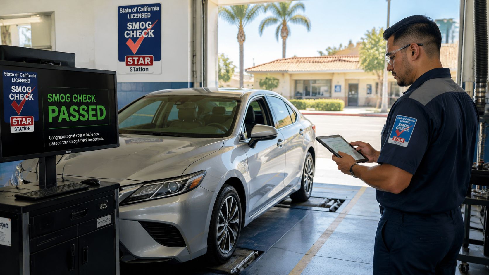 A technician performing a smog check inspection on a car at a California state licensed station.