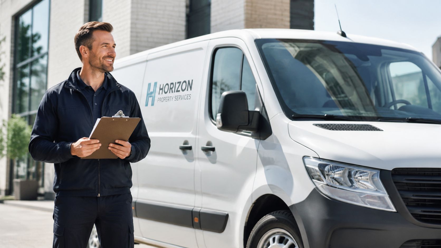 A professional man holding a clipboard standing in front of a white Horizon Property Services delivery van.