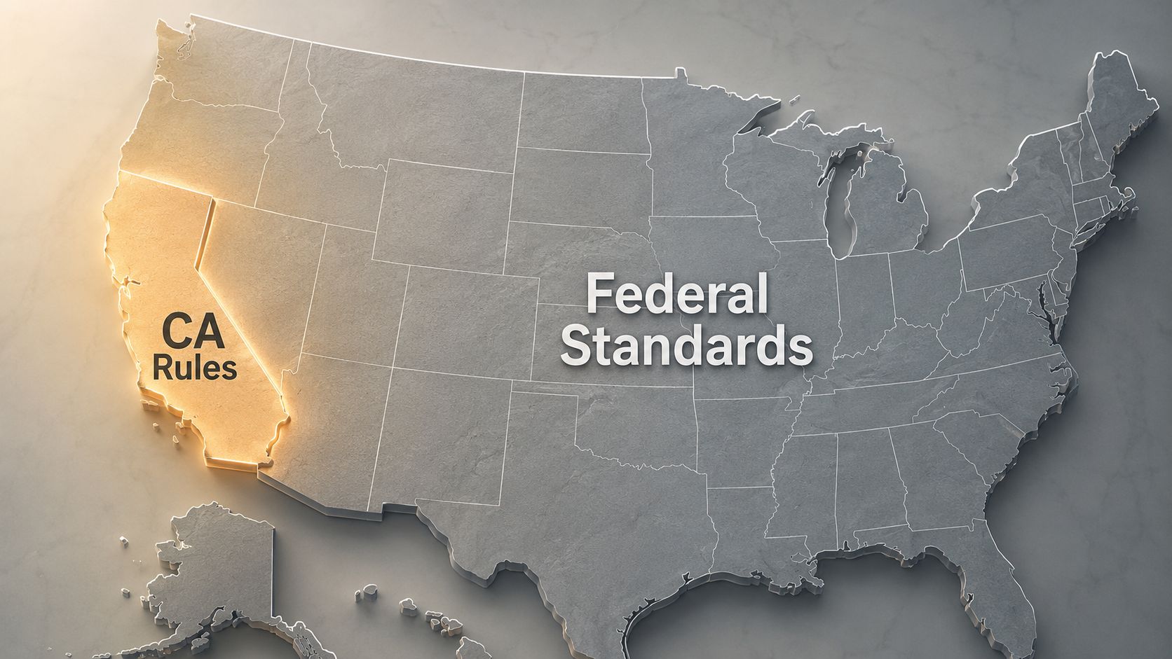 A map of the United States highlighting California in gold to represent unique California emissions standards.