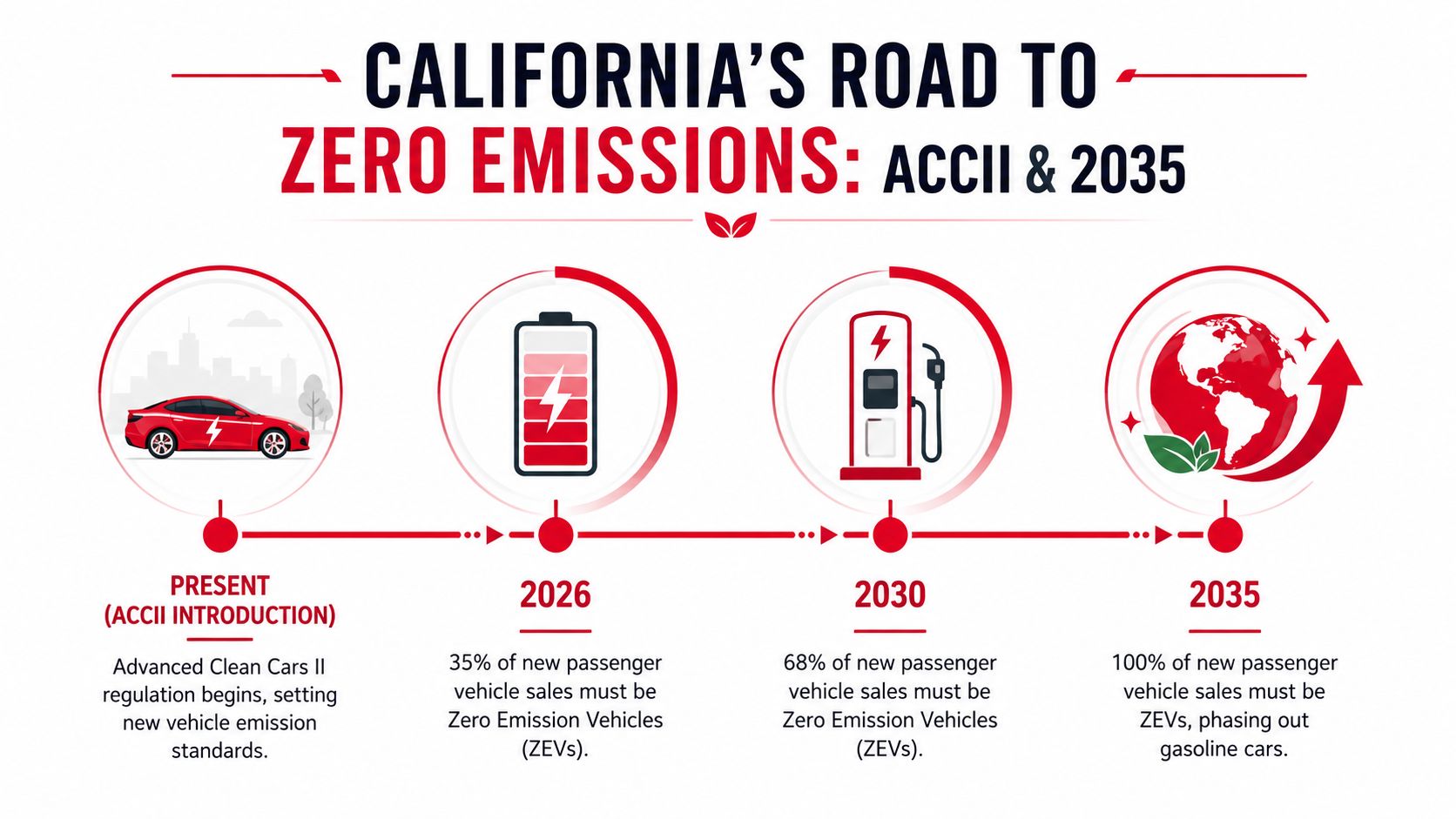 A timeline graphic showing California's path toward 100 percent zero-emission vehicle sales by the year 2035.