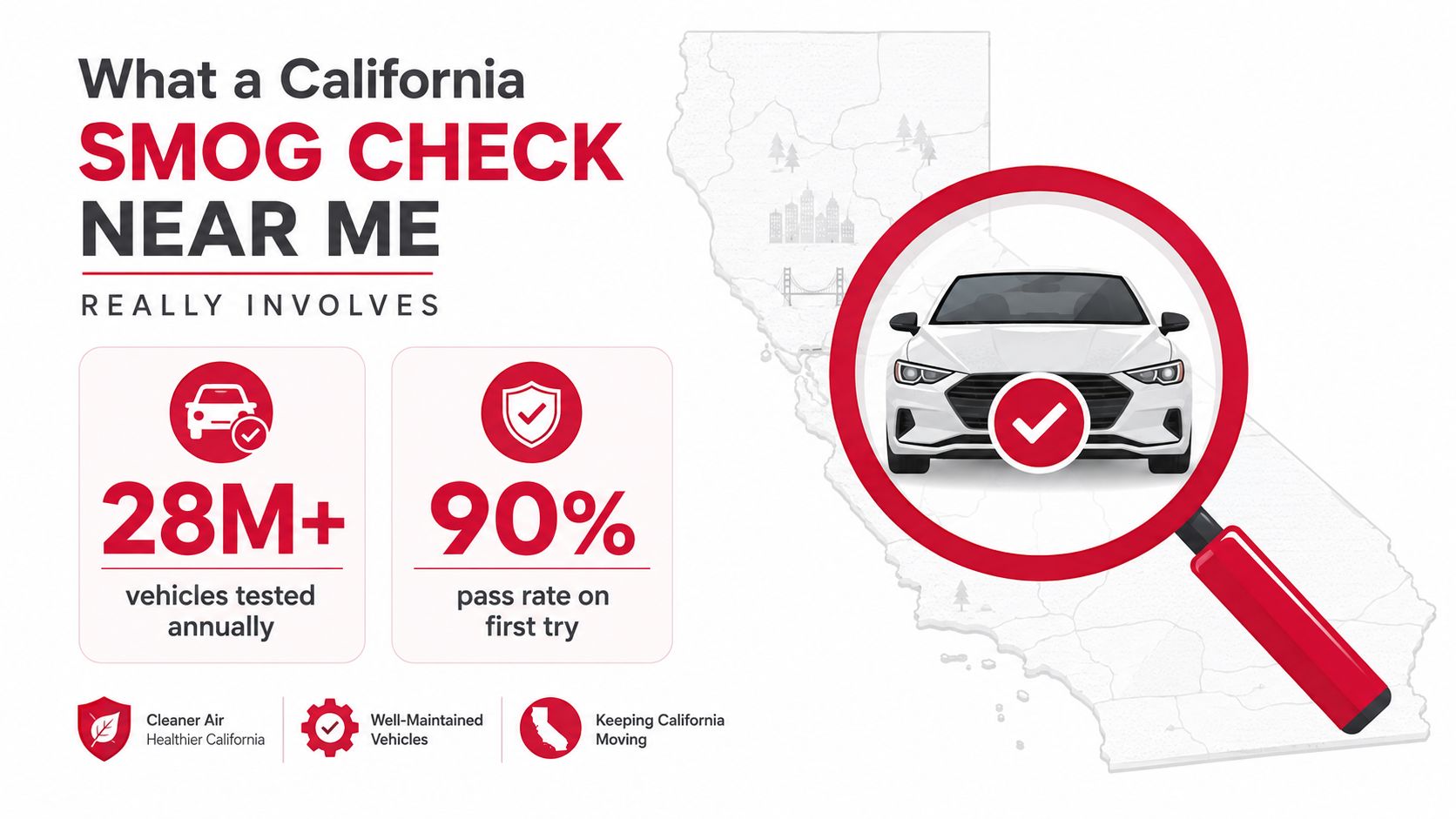 An infographic titled What a California Smog Check Near Me Really Involves with statistics about emissions testing.