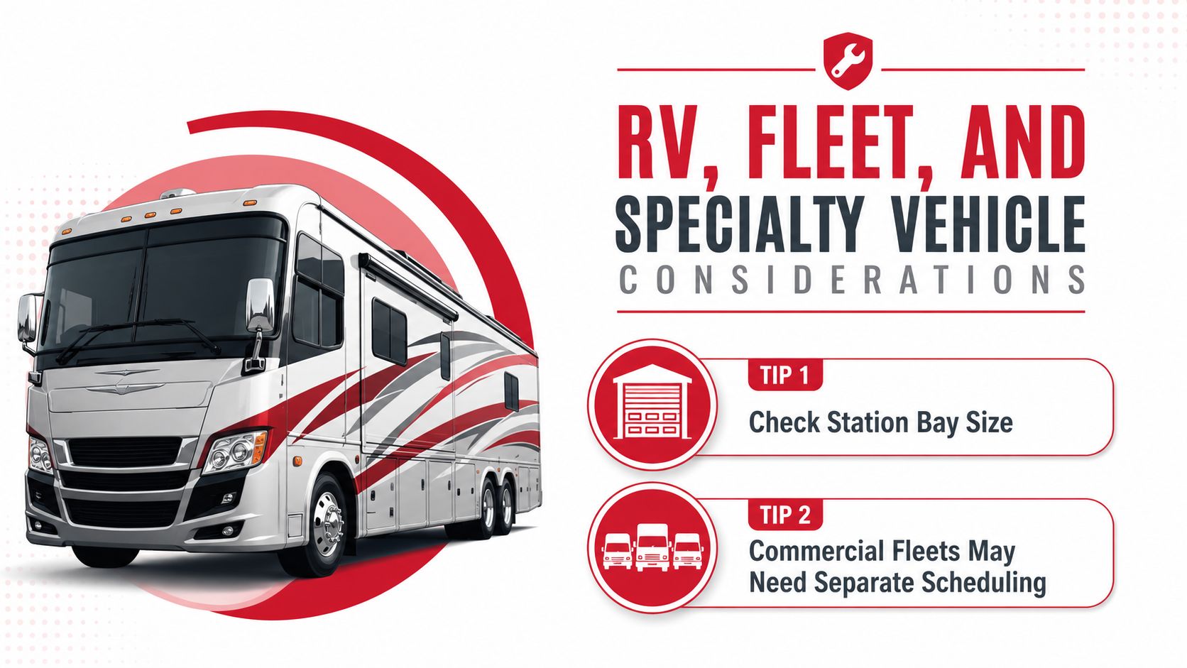 An infographic showing a large recreational vehicle and tips for maintenance regarding station bay size and scheduling.