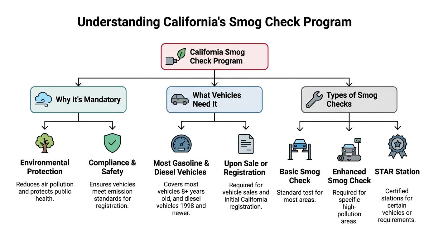 A flowchart explaining California's Smog Check program including why it is mandatory, which vehicles need it, and test types.