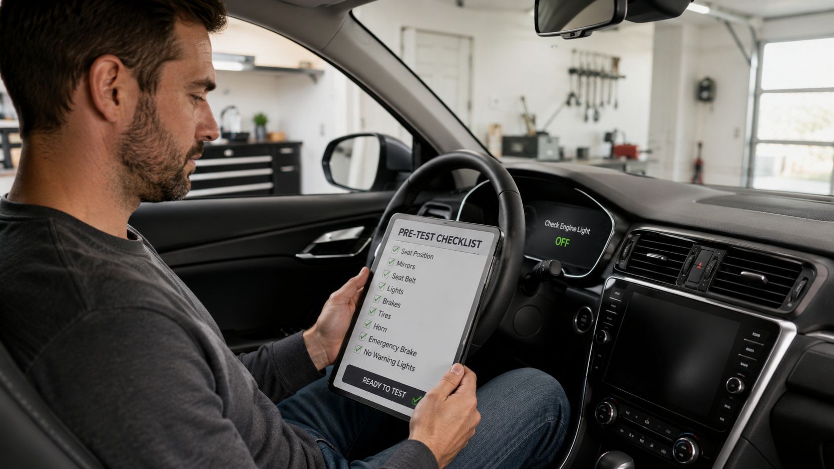 A man sitting in a car driver's seat checking a digital pre-test inspection checklist before emissions testing.
