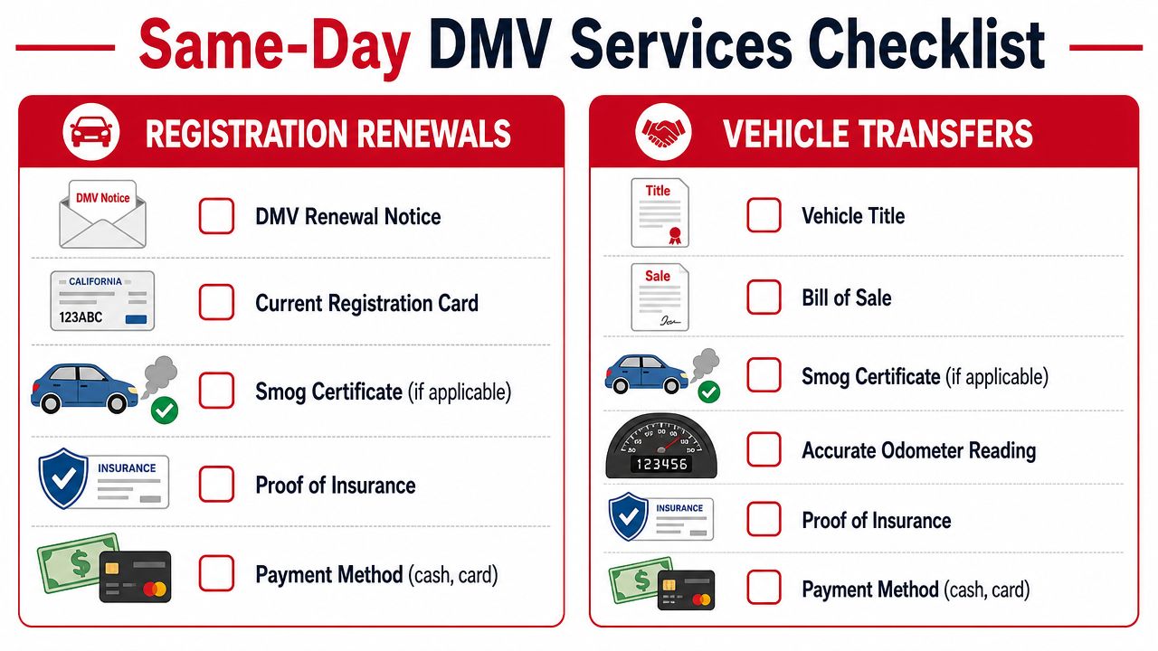 A helpful checklist for same-day DMV services including registration renewals and vehicle transfers in California.