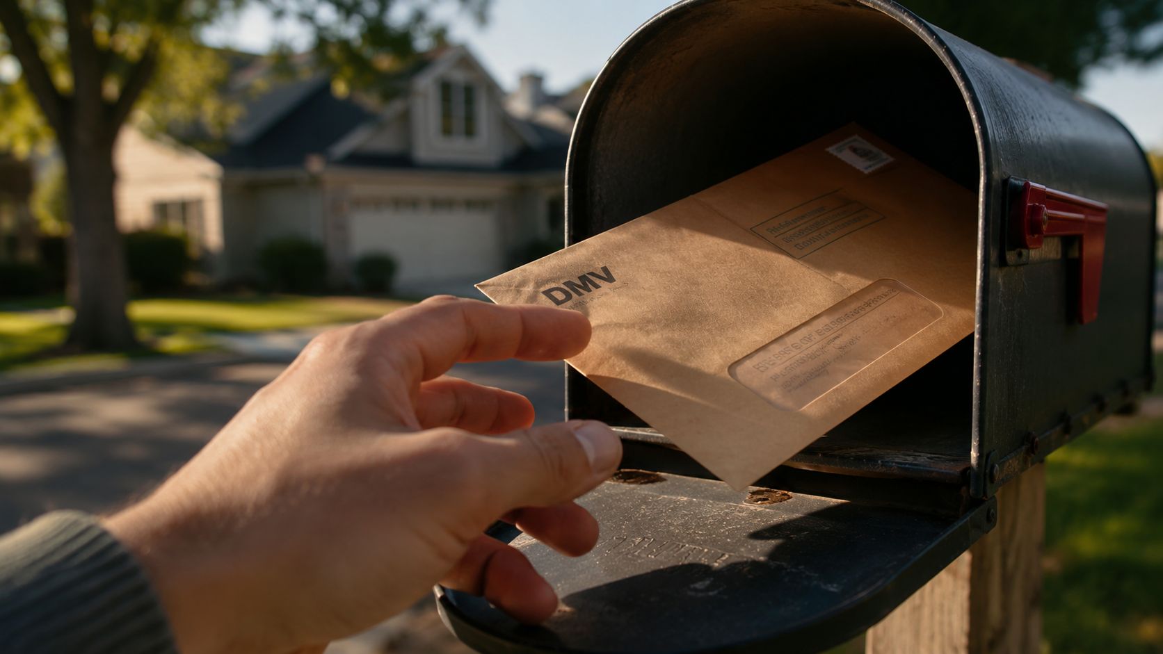 A hand placing a brown envelope labeled DMV into a residential curbside mailbox on a sunny day.