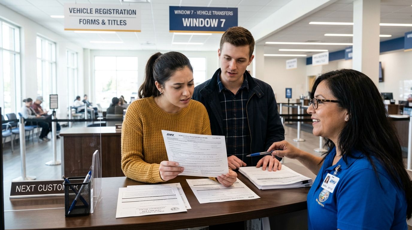 A customer couple discusses vehicle transfer paperwork with a clerk at a DMV service counter.