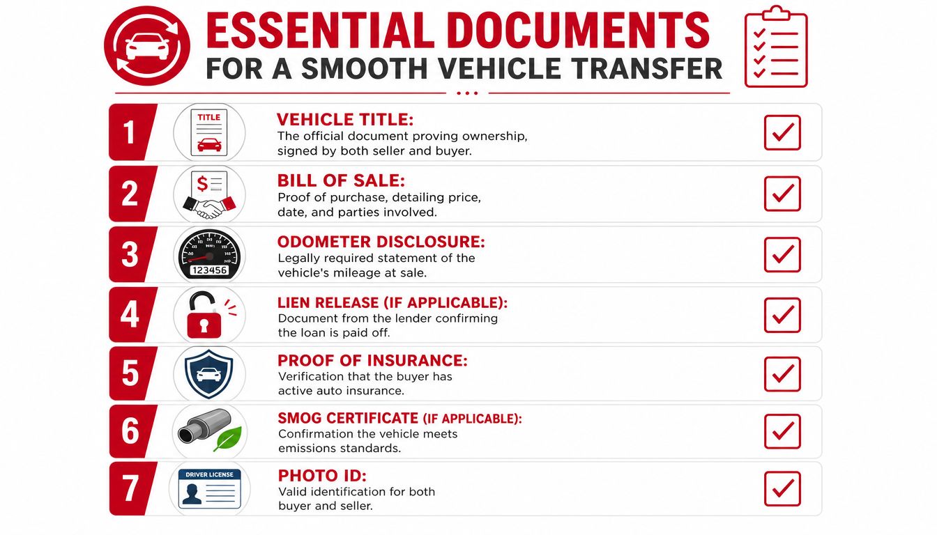 A checklist infographic outlining seven essential documents required for a smooth vehicle transfer of ownership.