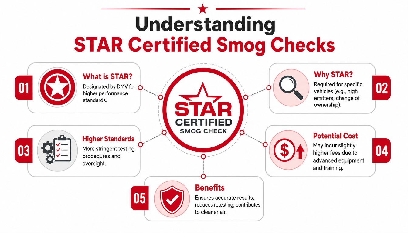 An infographic explaining the details of STAR Certified Smog Checks, including requirements, standards, and benefits.