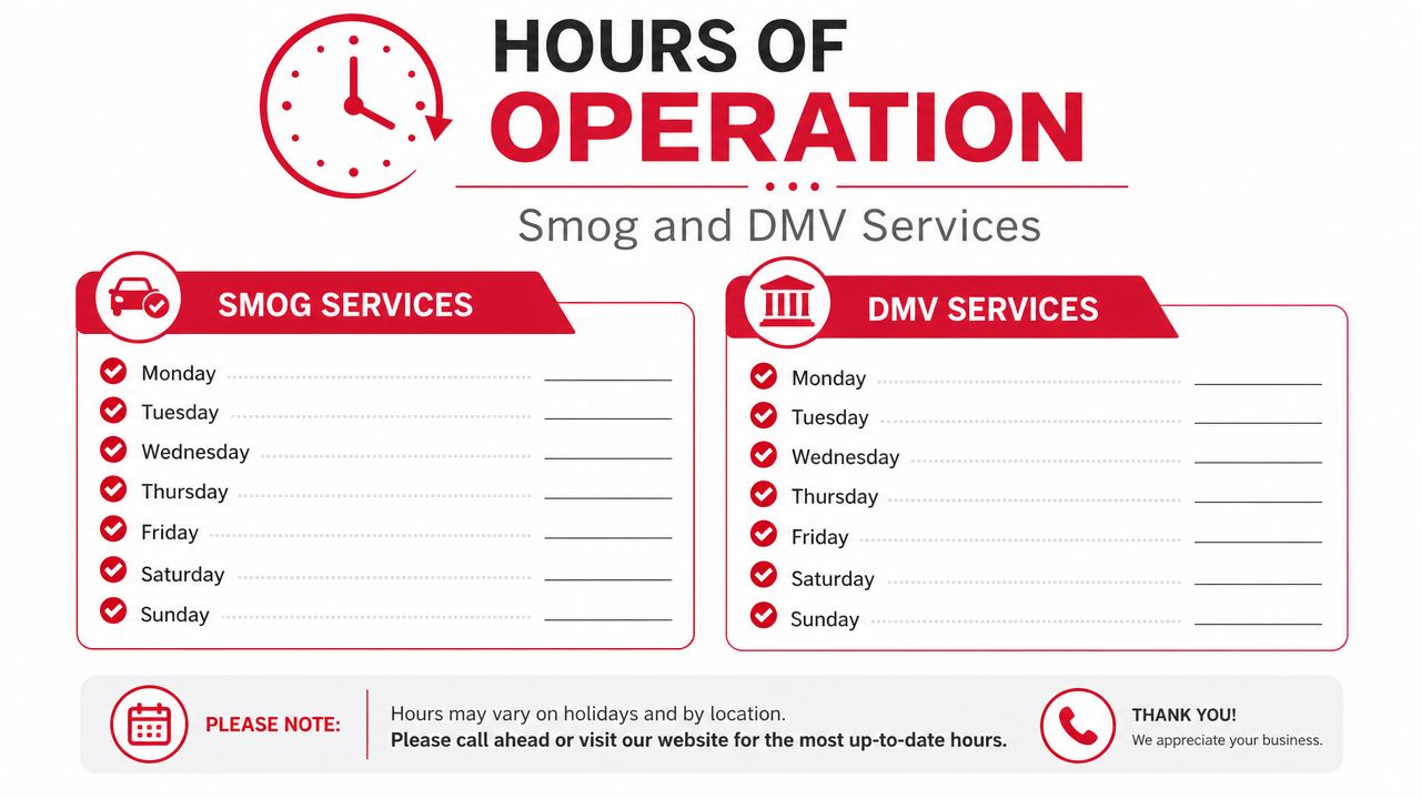A sign for Smog and DMV Services showing blank weekly schedules and advising to call ahead.