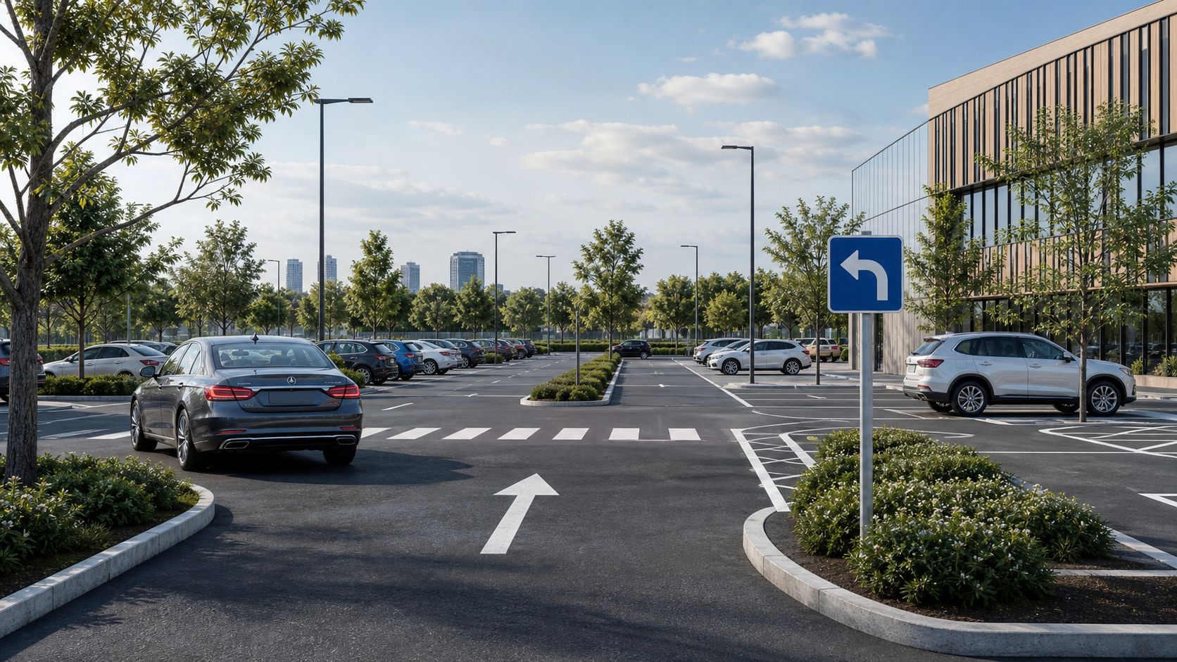 An outdoor parking lot with cars parked under a bright sunny sky near a modern office building.