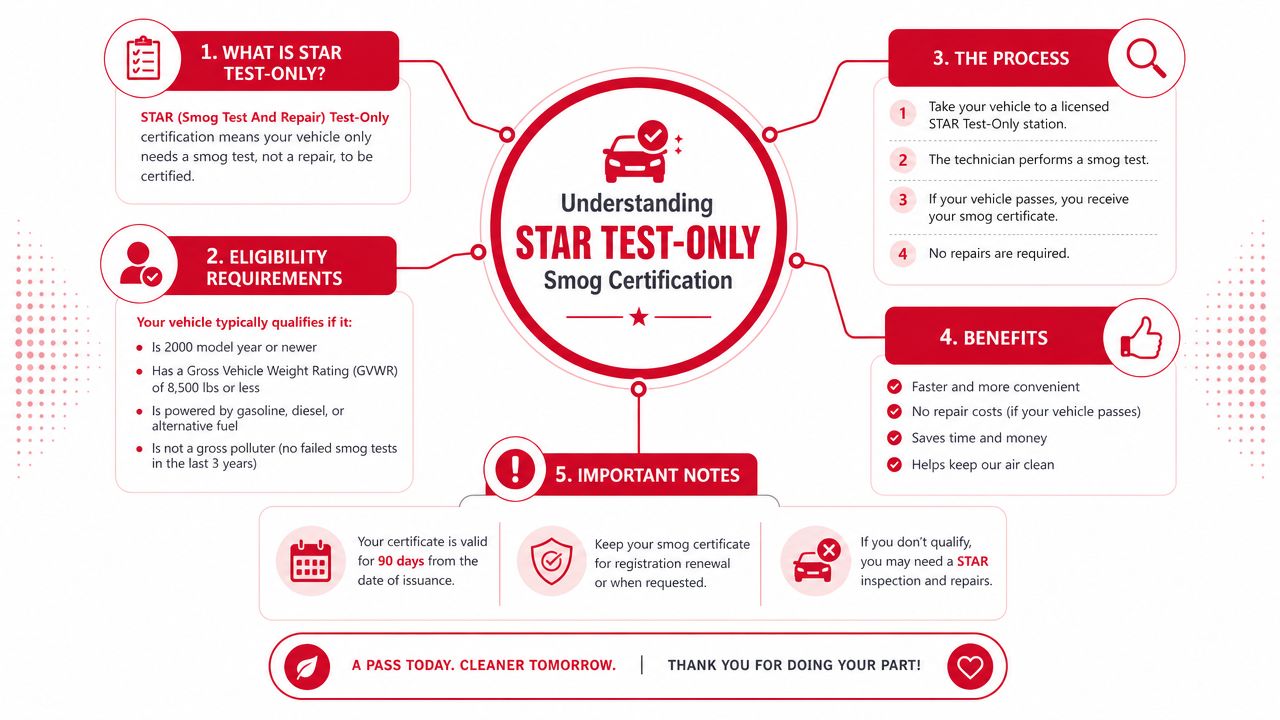 An infographic explaining the STAR Test-Only smog certification process, eligibility requirements, benefits, and important notes for vehicle owners.