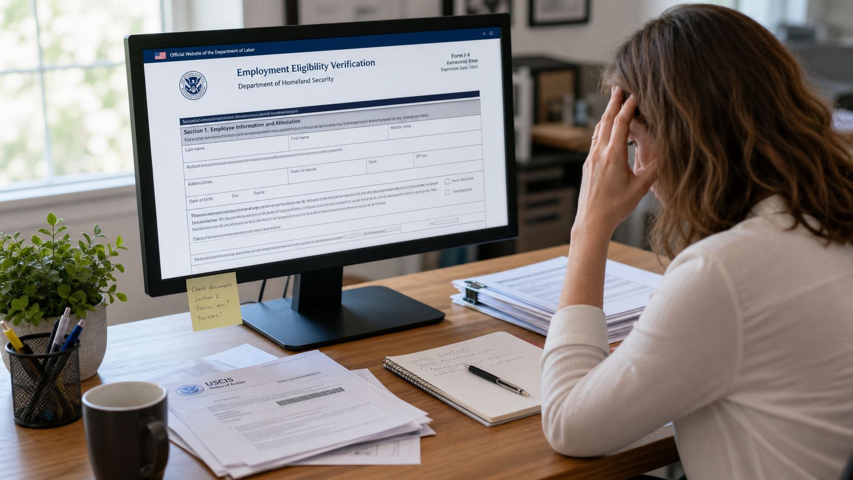 A woman looks stressed while filling out online employment eligibility verification forms at her home office desk.
