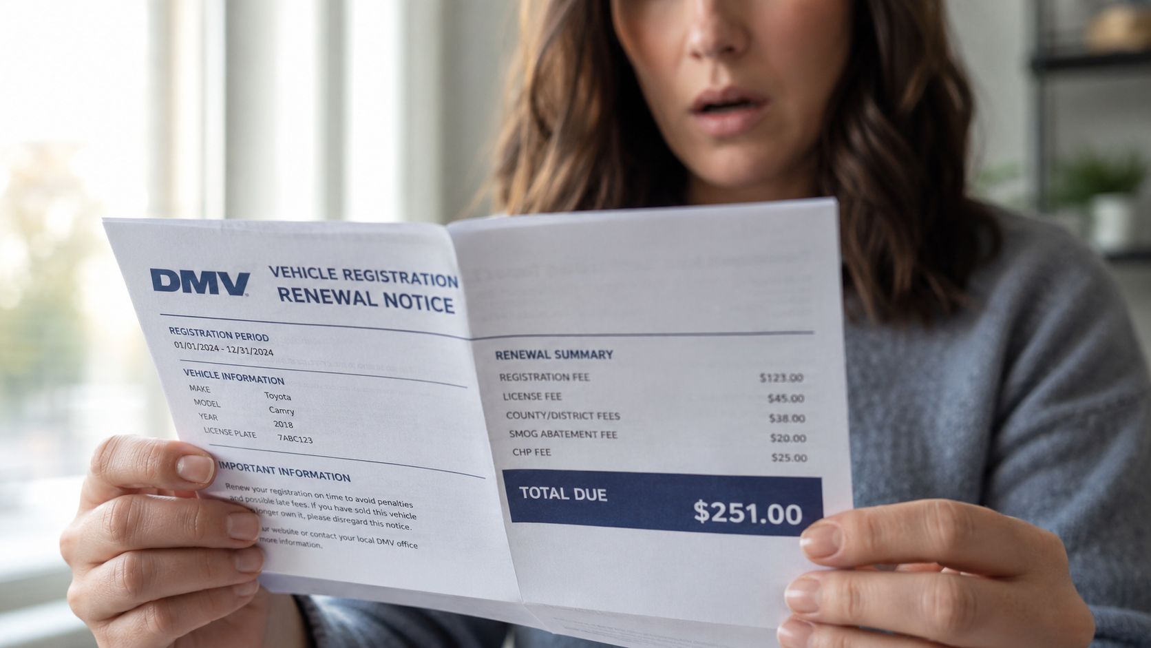 A woman looks shocked while holding a DMV vehicle registration renewal notice paper showing fees.