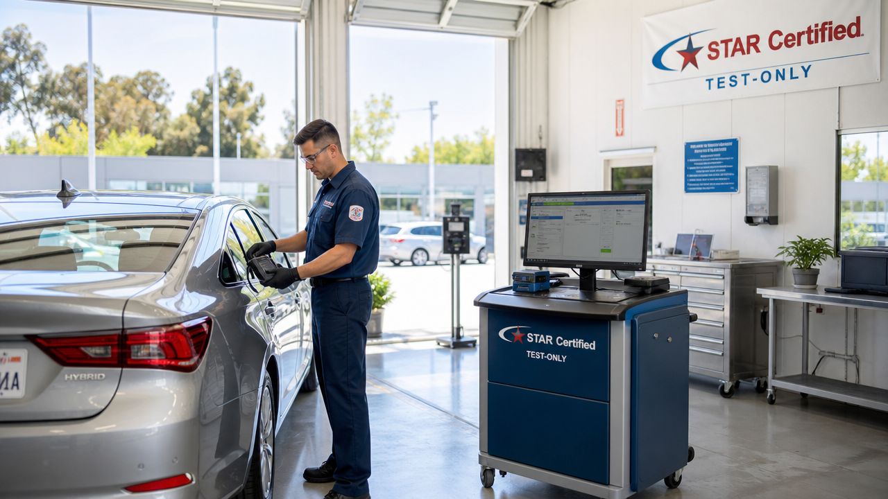A technician performing a smog inspection on a silver hybrid car at a STAR certified test center.