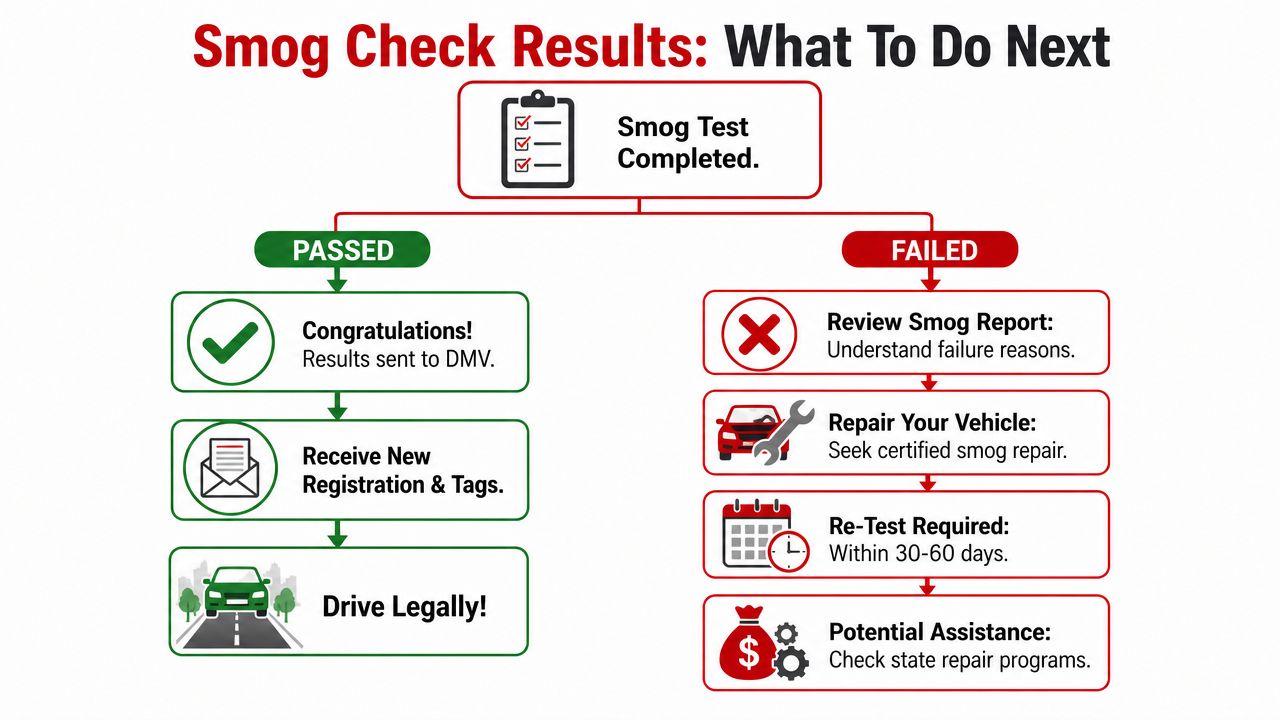A flowchart explaining the steps to take after receiving passing or failing smog check results for vehicles.