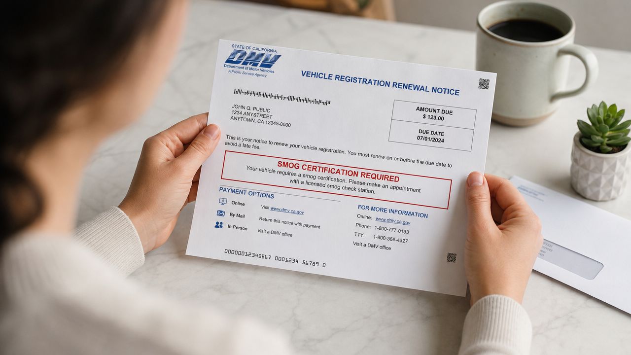A person holding a California DMV vehicle registration renewal notice requiring a smog certification at a table.