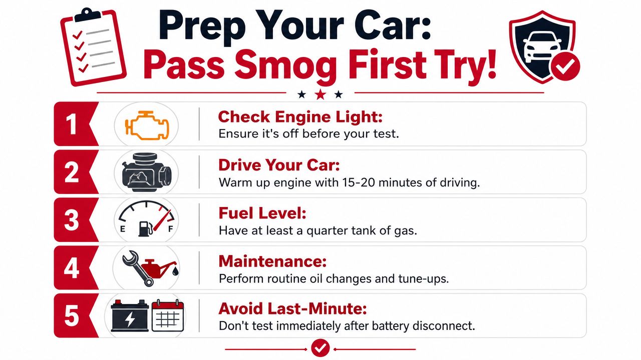 A checklist of five tips to help a vehicle pass a smog test on the first try.