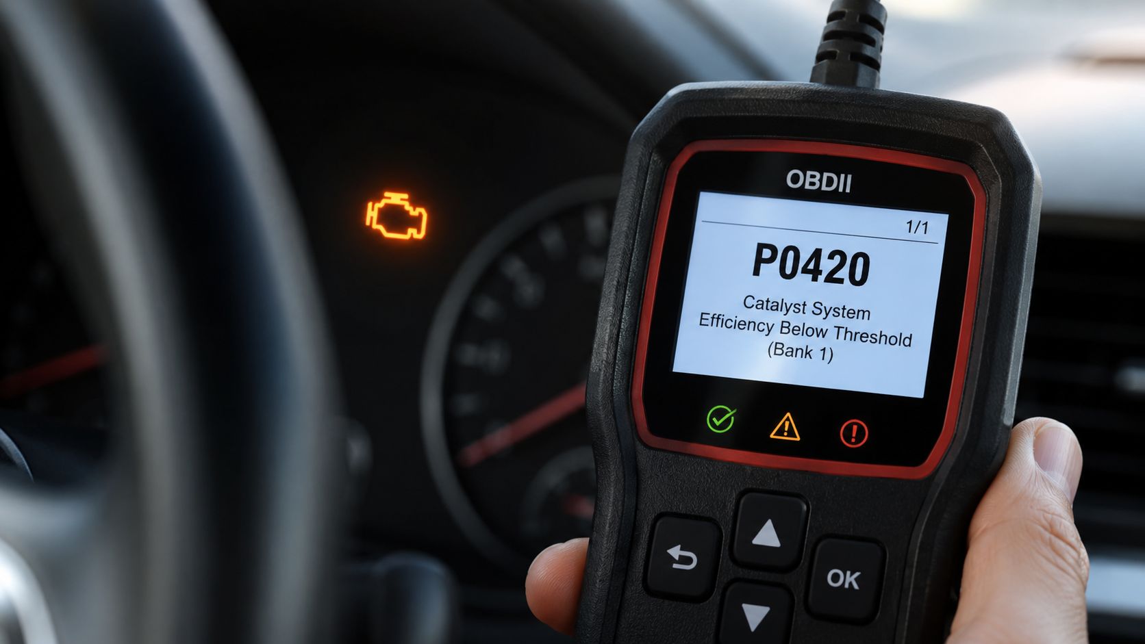 A handheld OBDII diagnostic scanner displaying a P0420 error code inside a car with the check engine light.