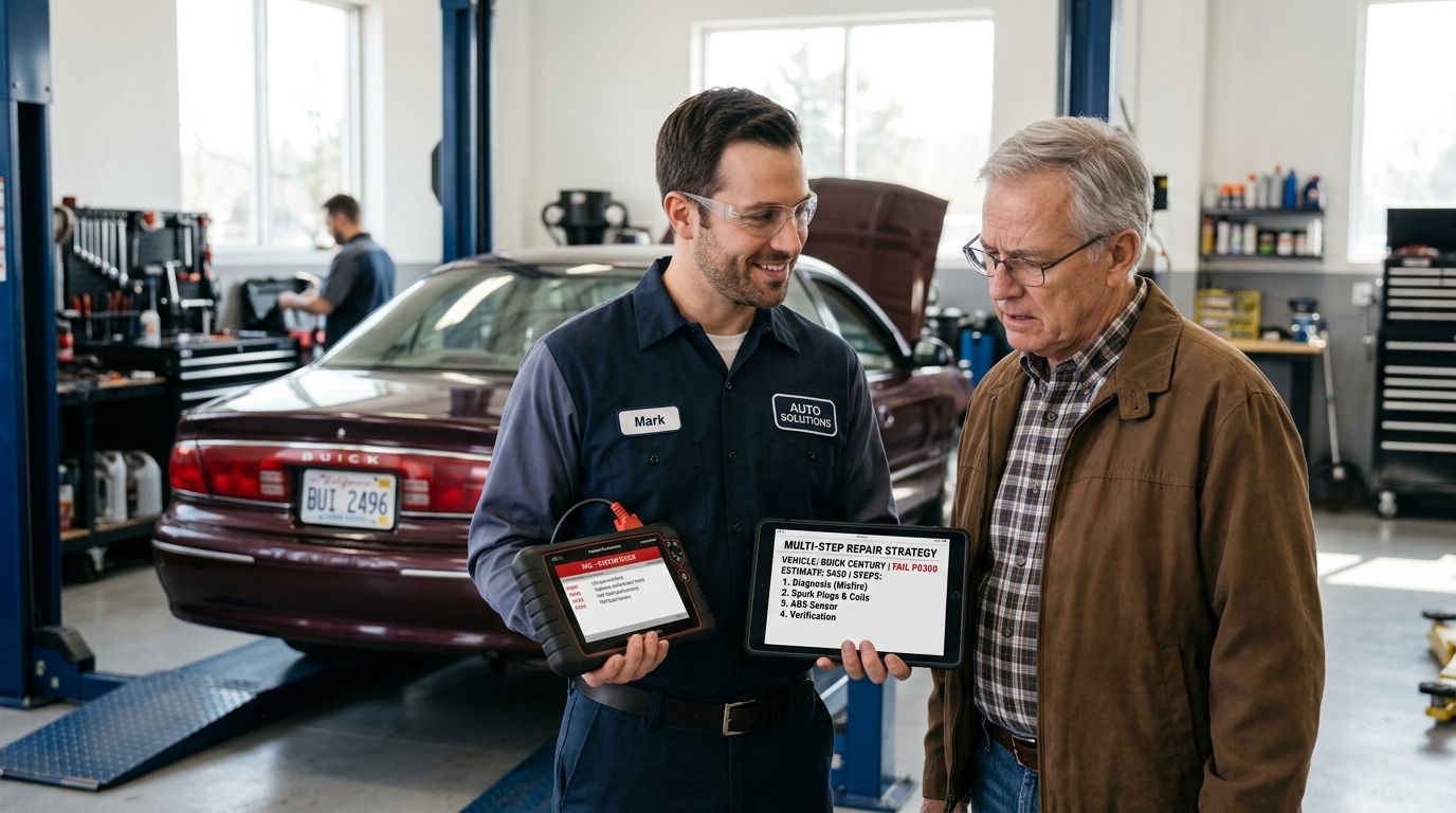 An auto mechanic showing a diagnostic report on a tablet to an elderly customer in a workshop.