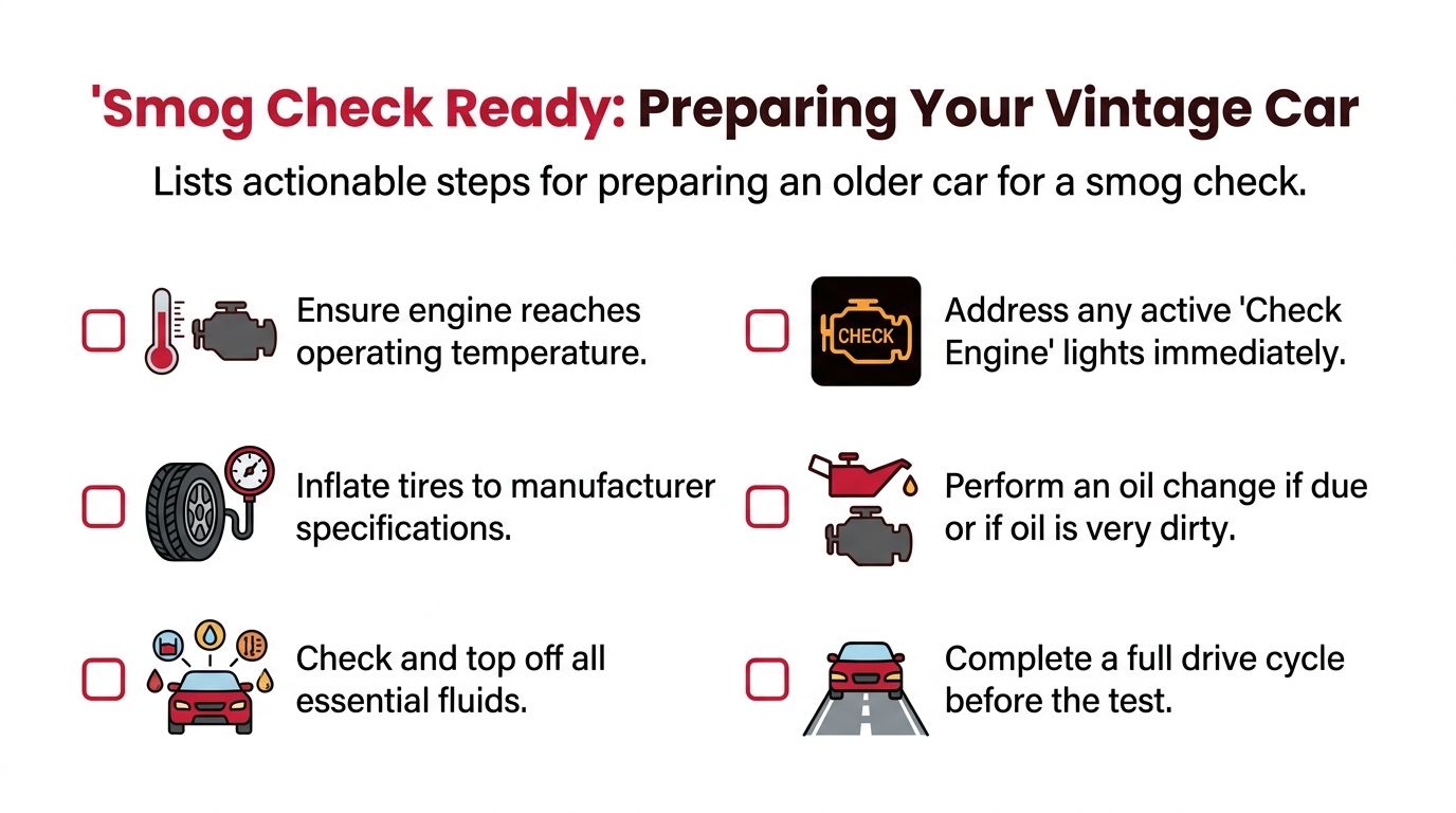 A checklist illustrating six important steps to prepare a vintage vehicle for a smog check inspection.