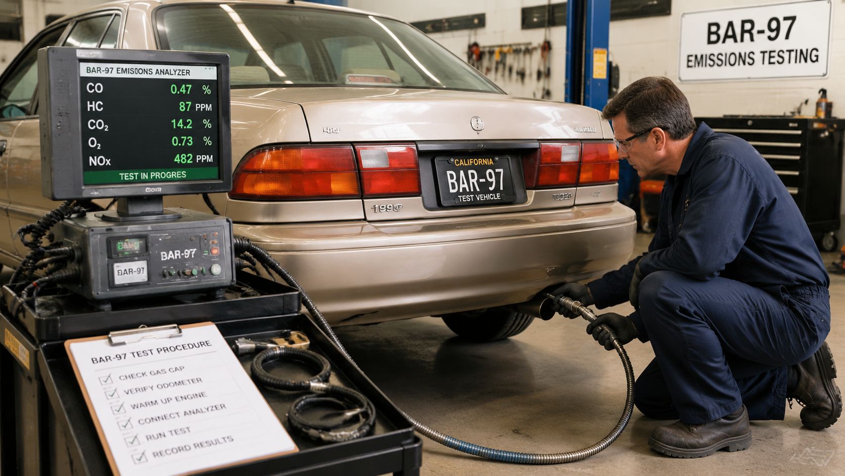 A professional mechanic performs a smog check test on a sedan in a vehicle repair shop.