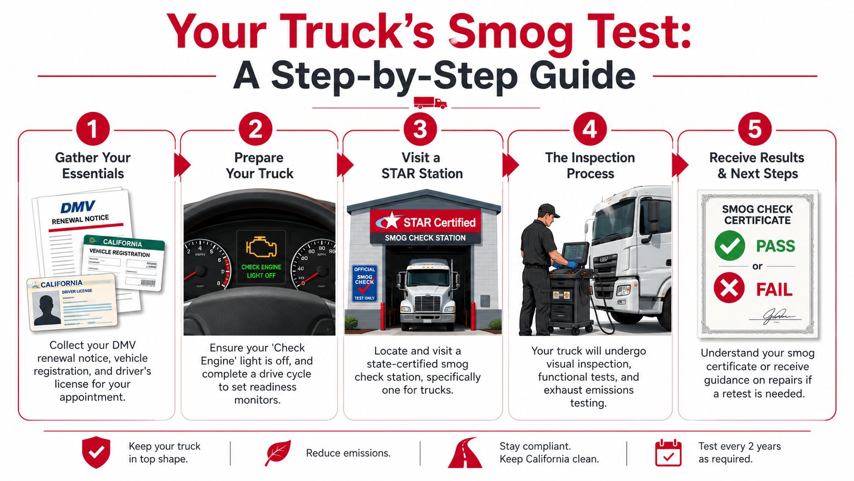 A five-step infographic showing how to prepare and complete a smog test for trucks in California.
