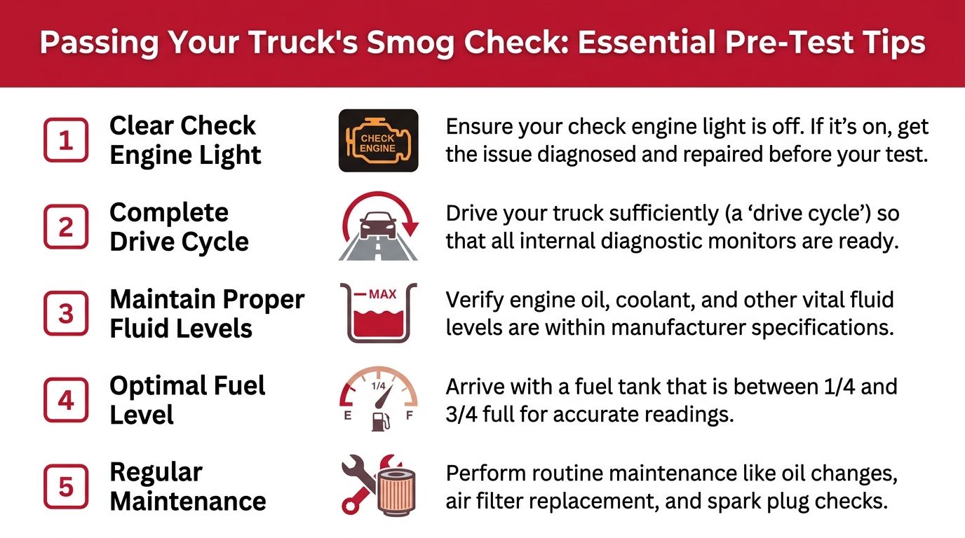 An infographic detailing five essential tips to prepare your truck for a successful smog emissions test.