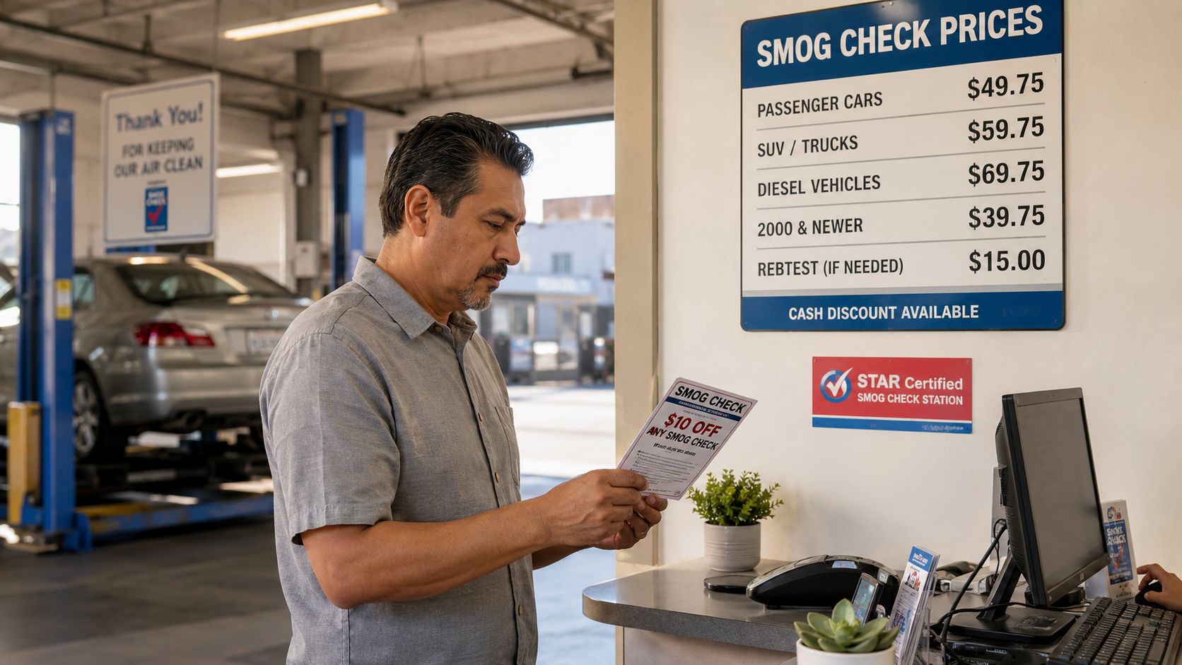 A man in a grey shirt reviews a smog check coupon at an auto repair shop counter.