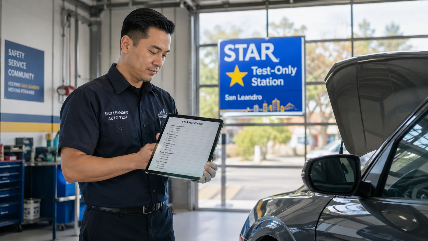 A technician holding a digital tablet with a checklist at a STAR test-only smog check station.