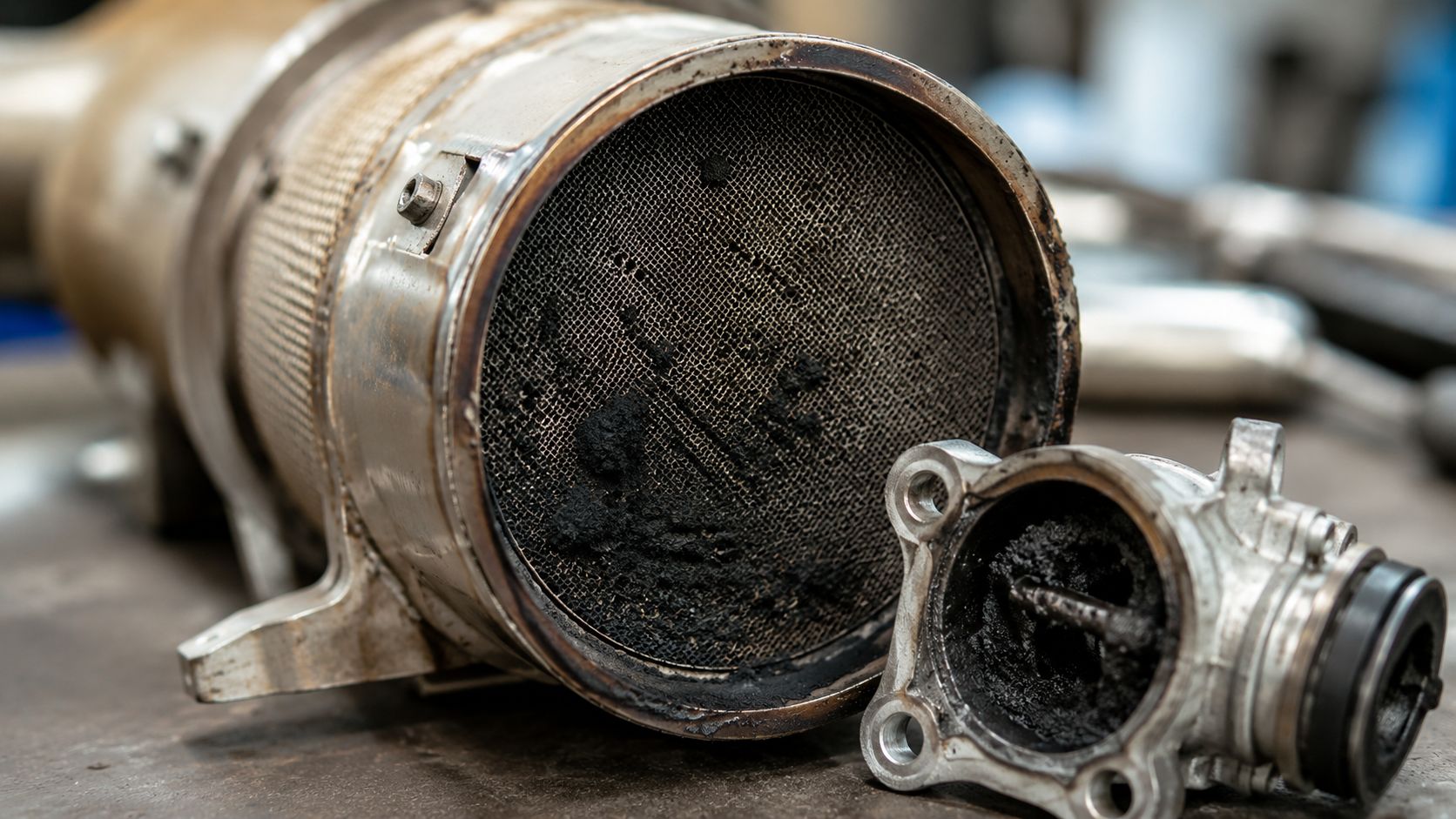 A dirty and clogged diesel particulate filter and EGR valve removed from a vehicle for maintenance.