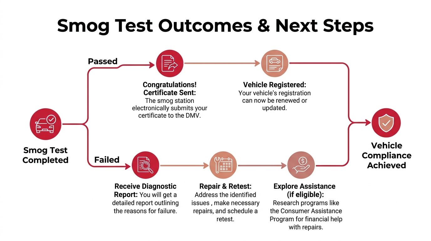 A flow chart illustrating the two possible outcomes of a vehicle smog test: passed or failed.
