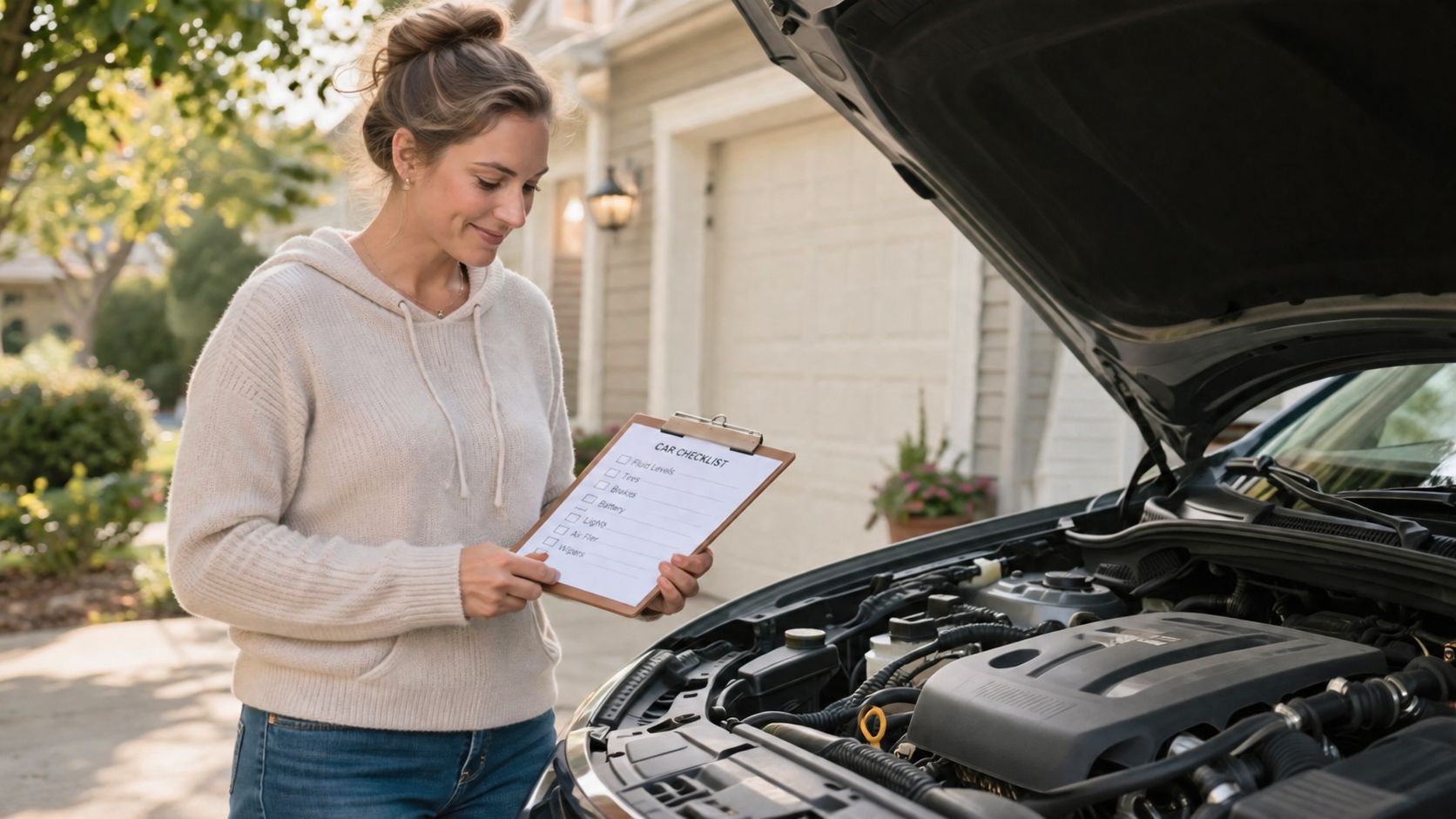 A smiling woman checks her vehicle with a car checklist in front of an open engine hood.