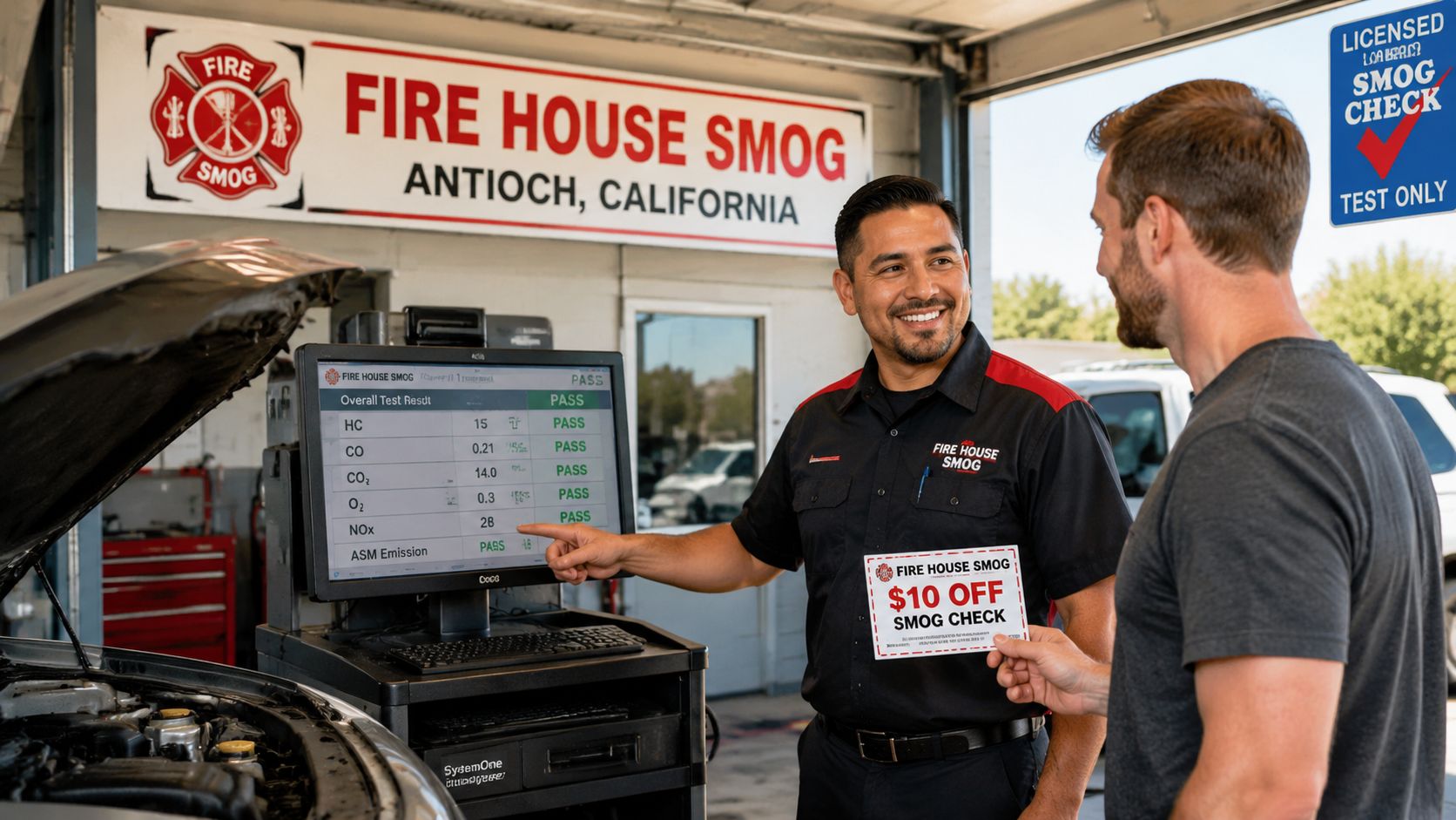 A friendly mechanic explains the passing smog test results on a monitor to a customer in California.