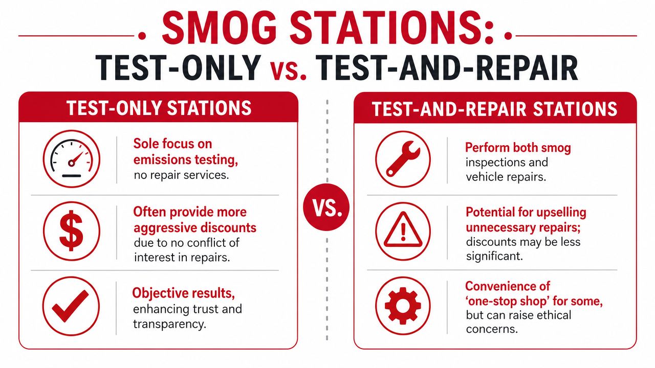 A comparison chart explaining the differences between test-only and test-and-repair smog check stations for vehicle owners.